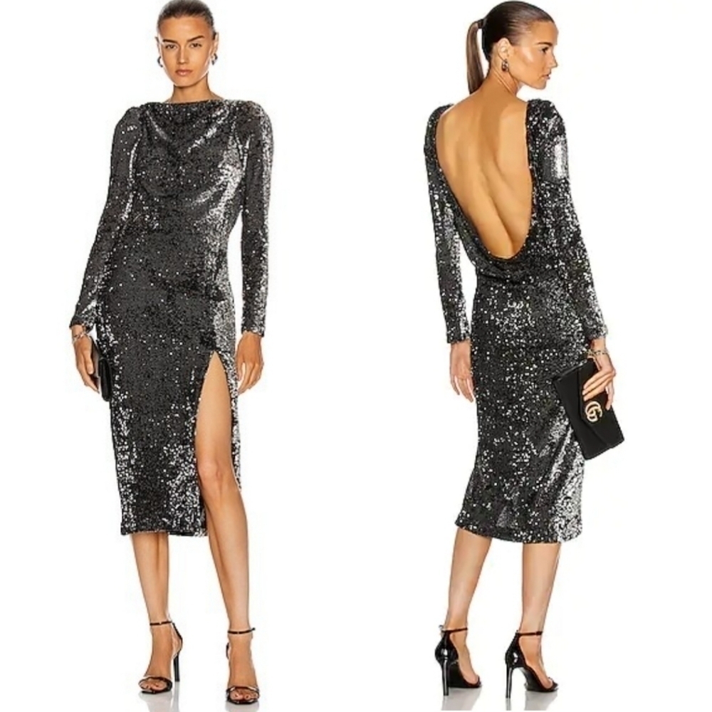 New Cinq a Sept Julieann Open Back Sequin Silver & Black Midi Dress NWT 8 US